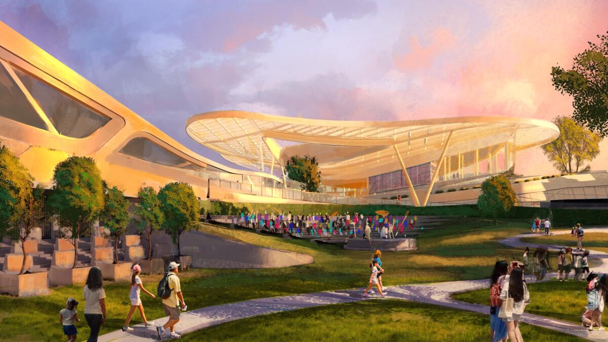 A rendering shows parkland with a small outdoor amphitheater and an amoeba-shaped pavilion over a building