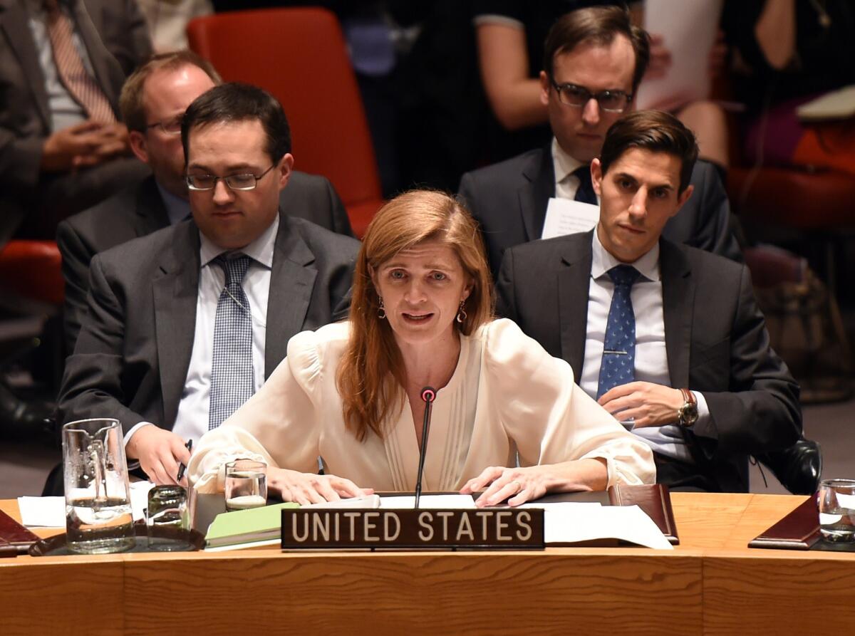 U.S. Ambassador to the United Nations Samantha Power, shown speaking at the U.N. last month, urged Congress on Monday to skip new sanctions against Iran and warned that such a move would probably torpedo negotiations on a landmark deal to curb Tehran's nuclear program.