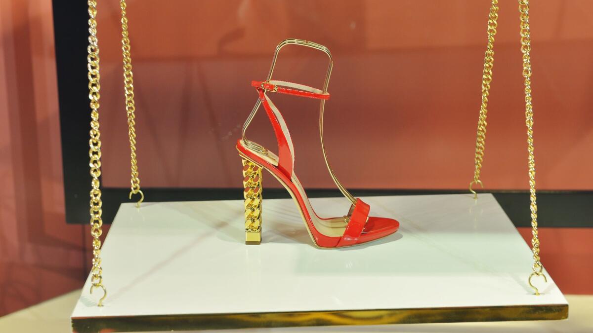 A look at a red patent leather sandal from the new Giuseppe for Rita Ora shoe collection at Saks Fifth Avenue in Beverly Hills and other retailers.