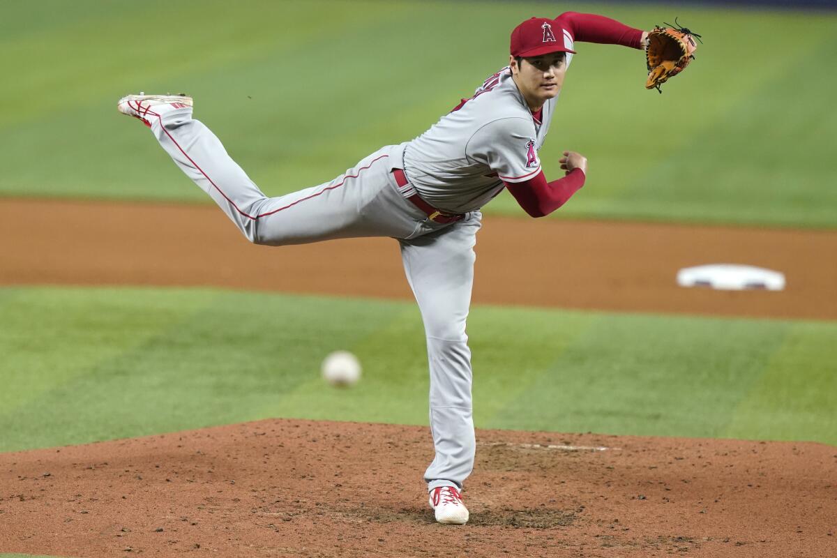 Angels pitcher Shohei Ohtani throws during the fourth inning against the Miami Marlins.