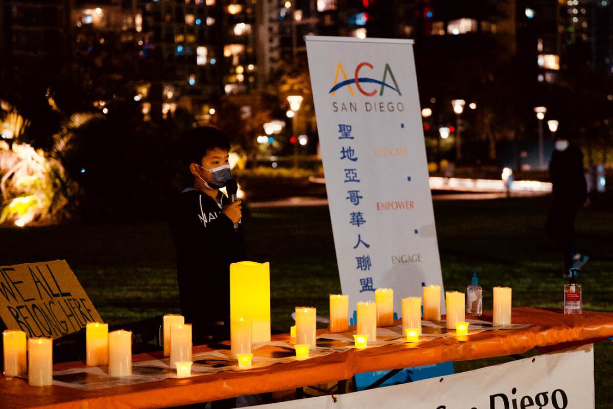 Joshua, a Carmel Valley 11-year-old, spoke at the Alliance of Chinese Americans San Diego's downtown vigil.