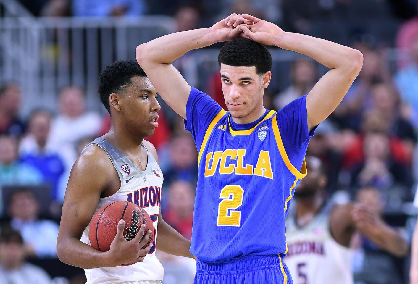 UCLA guard Lonzo Ball reacts after fouling Arizona guard Allonzo Trier during the second half.