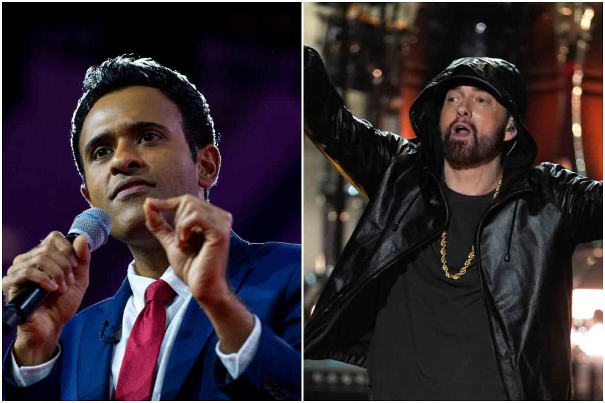 Separate pictures of Vivek Ramaswamy speaking into a mic and Eminem performing onstage