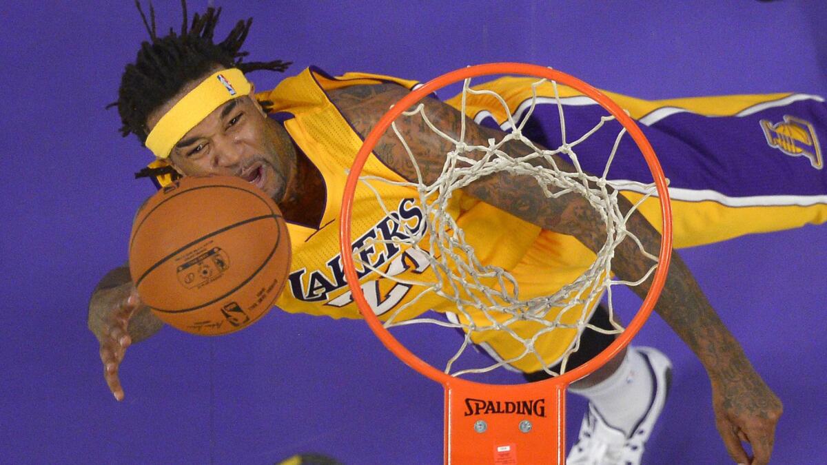 Lakers center Jordan Hill puts up a shot during a loss to the Memphis Grizzlies at Staples Center on Nov. 26.