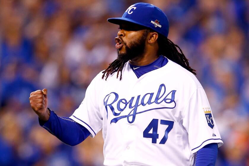 Royals starter Johnny Cueto reacts after retiring the Astros in the seventh inning of Game 5 on Wednesay night in Kansas City.