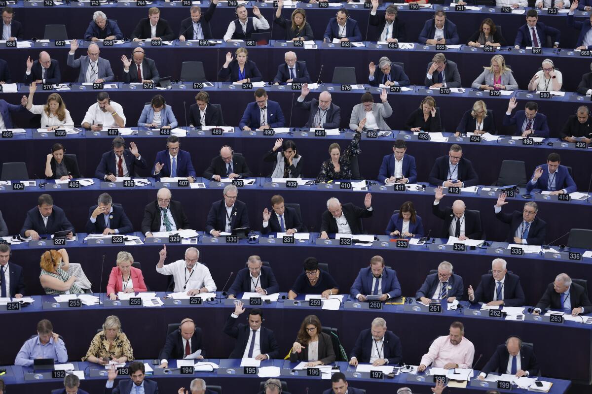 Parliament members vote on the Renewable Energy directive, Wednesday, Sept. 14, 2022 at the European Parliament in Strasbourg, eastern France. (AP Photo/Jean-Francois Badias)