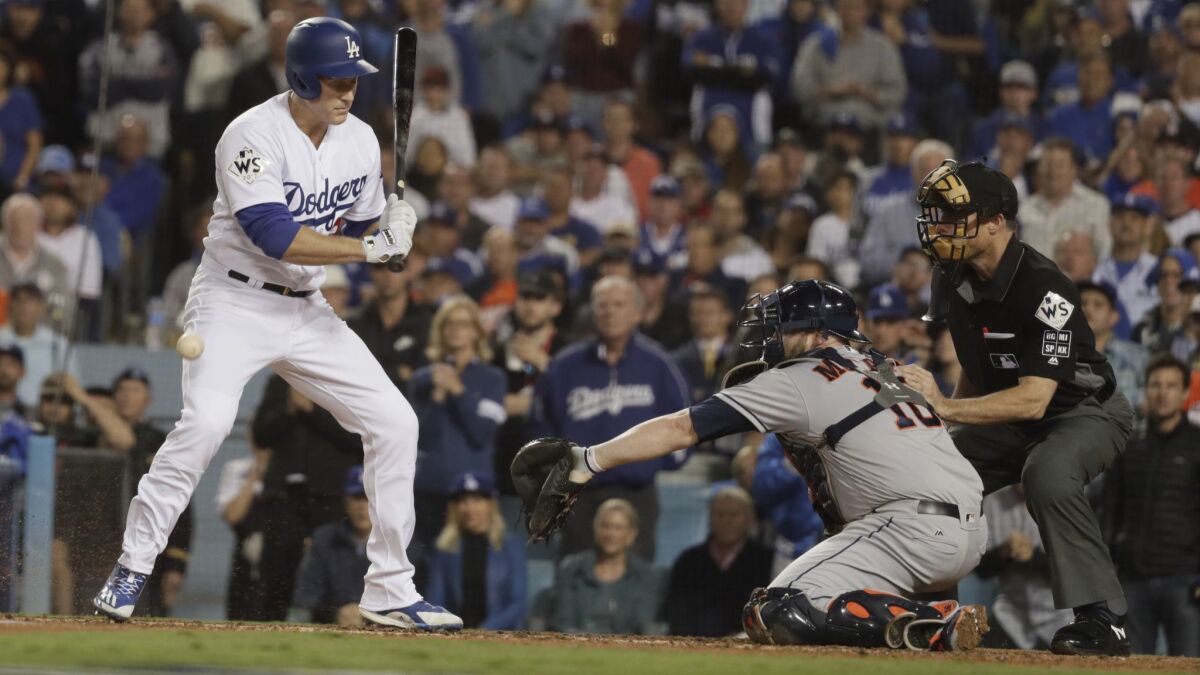 Chase Utley is hit by a Justin Verlander pitch against the Houston Astros in Game 6 of the World Series.