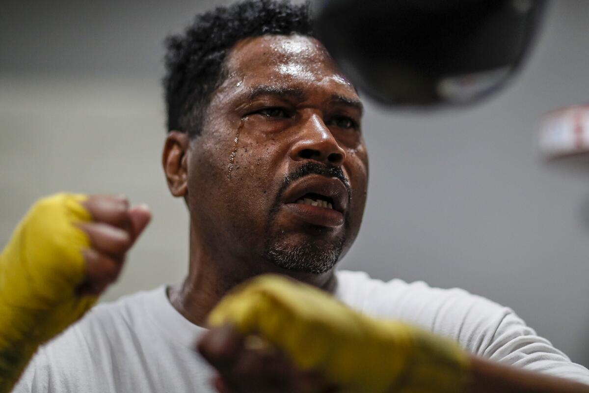Retired Stockton Boxer Rodney Jones is shown in a T-shirt about to train.