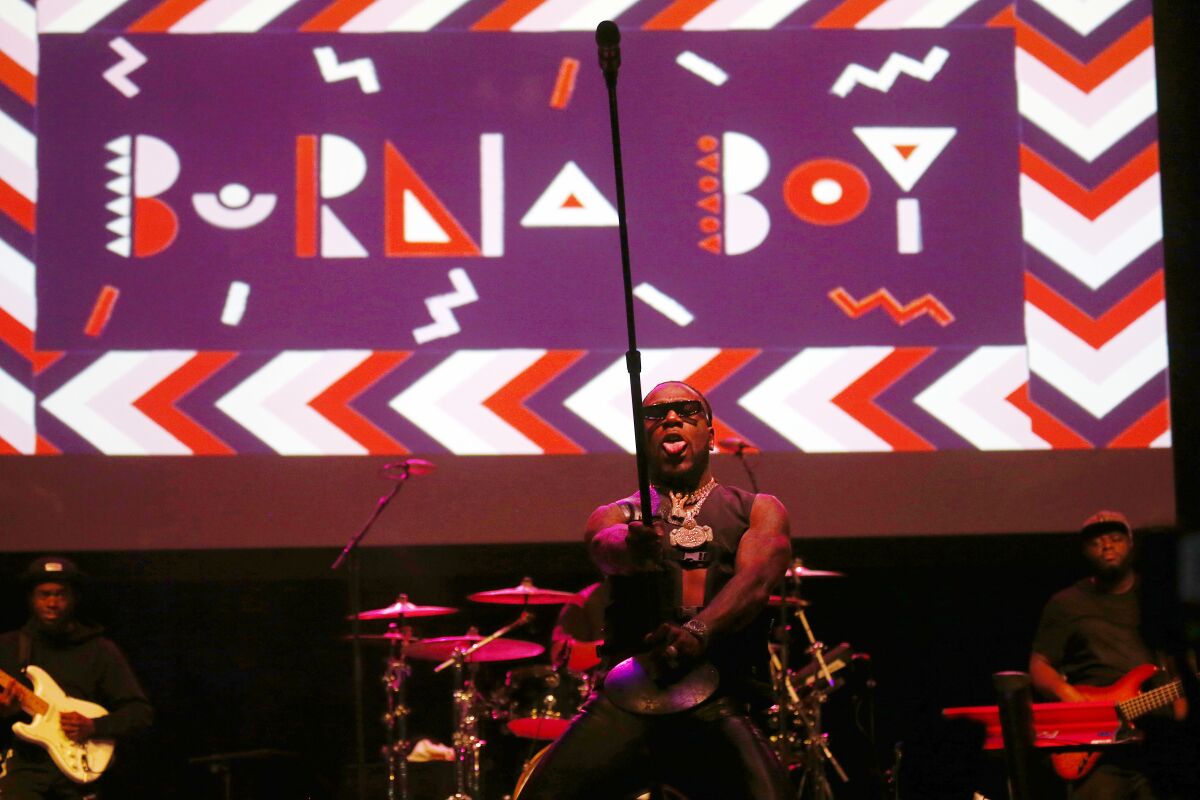 Burna Boy performs at the Wiltern Theater in Los Angeles.