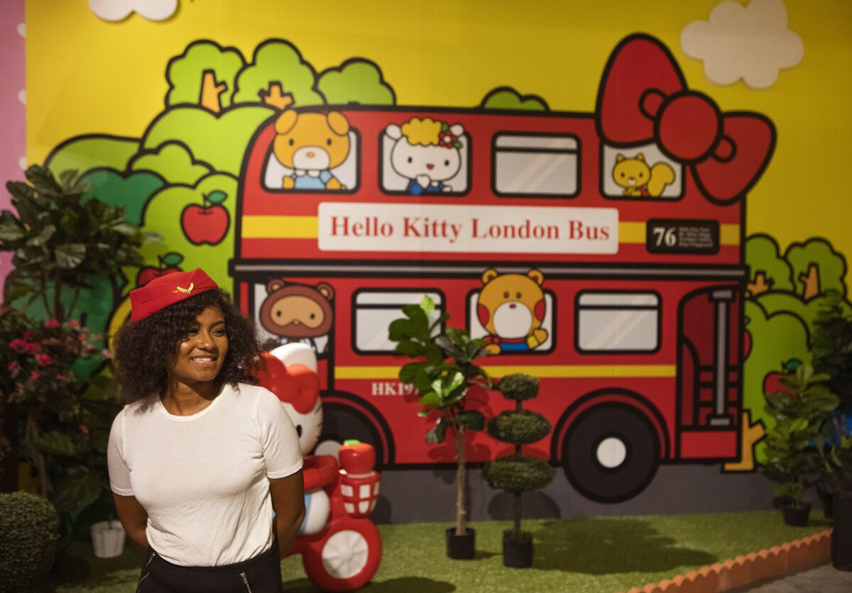 Christina Dahl, dressed up as a flight attendant, inside the London room at the Hello Kitty Friends Around the World Tour pop-up