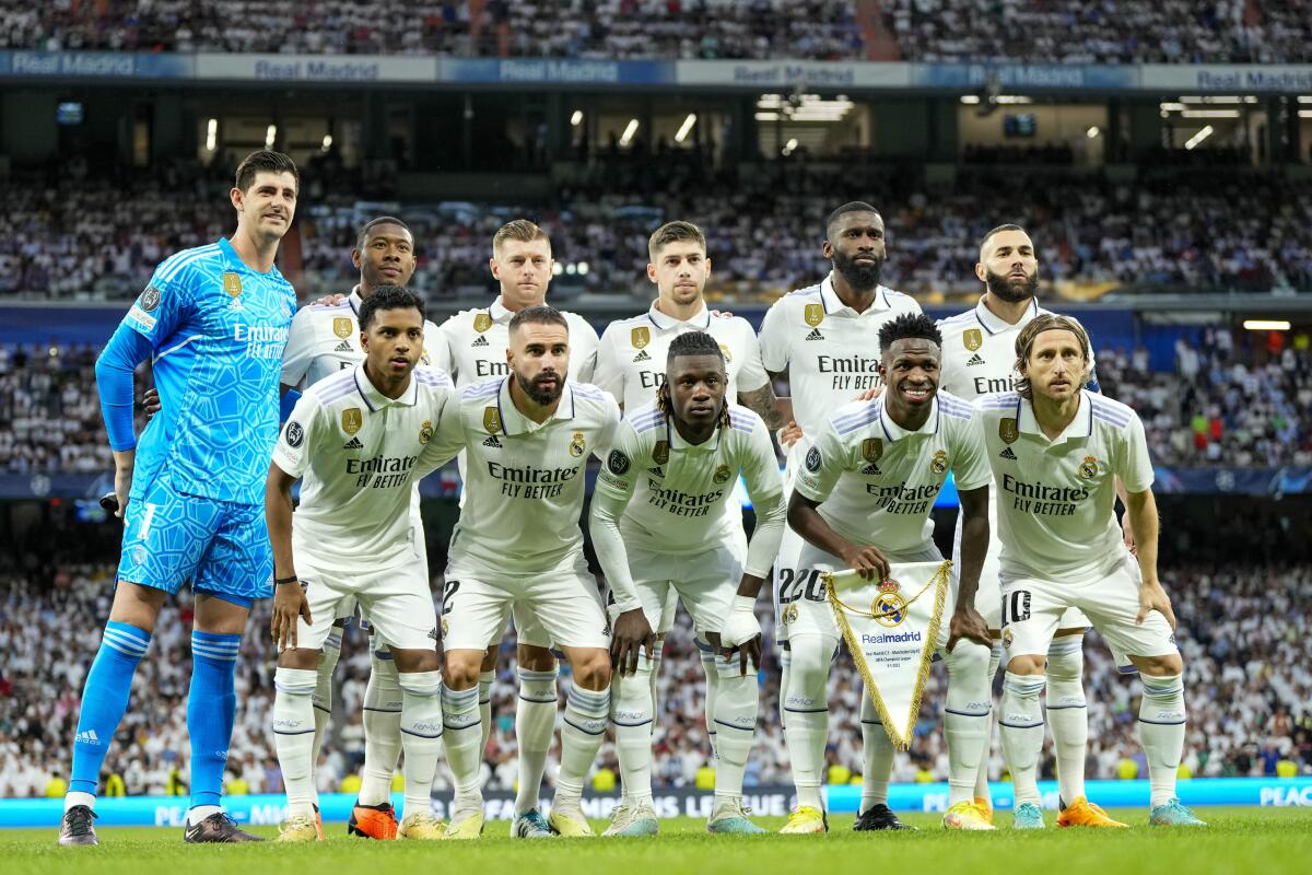 Real Madrid pose ahead of a Champions League semifinal match against Manchester City on Tuesday.