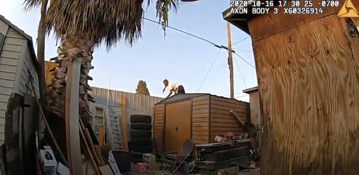 An image from video shows a man on top of a storage shed, holding an object in his hand and poised to jump over a fence