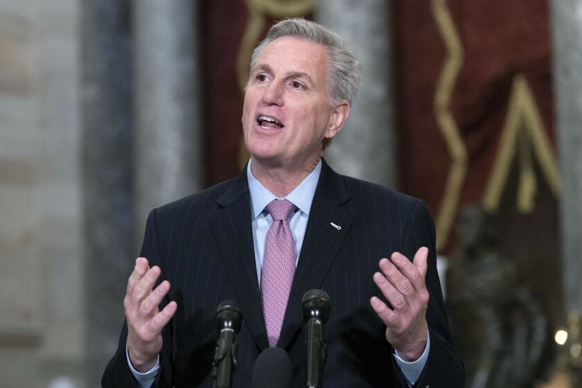 FILE -Speaker of the House Kevin McCarthy, R-Calif., speaks during a news conference in Statuary Hall at the Capitol in Washington, Jan.12, 2023. (AP Photo/Jose Luis Magana, File)