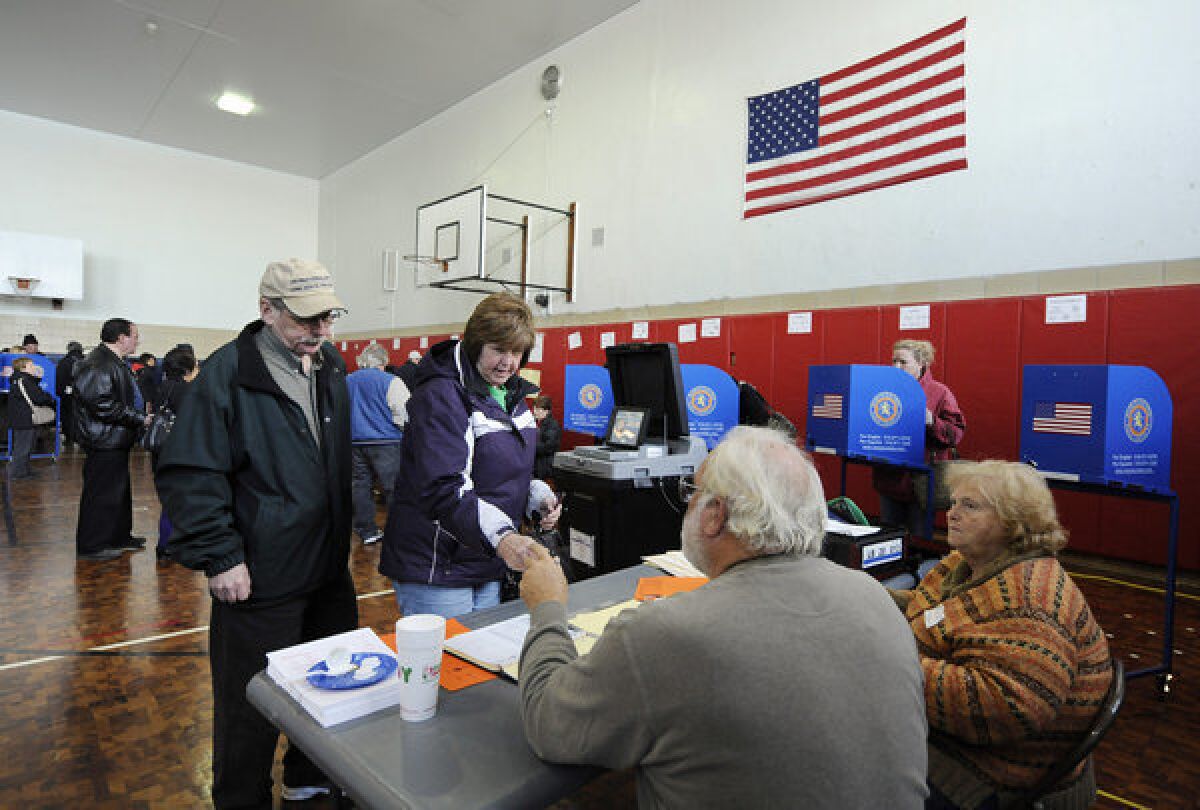 Voters line up to cast their votes in Lindell School in Long Beach, N.Y.