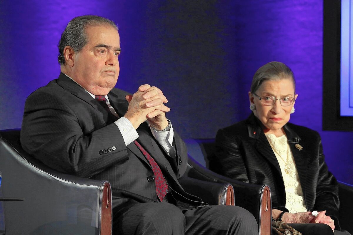 Supreme Court Justices Antonin Scalia and Ruth Bader Ginsburg in April 2014.