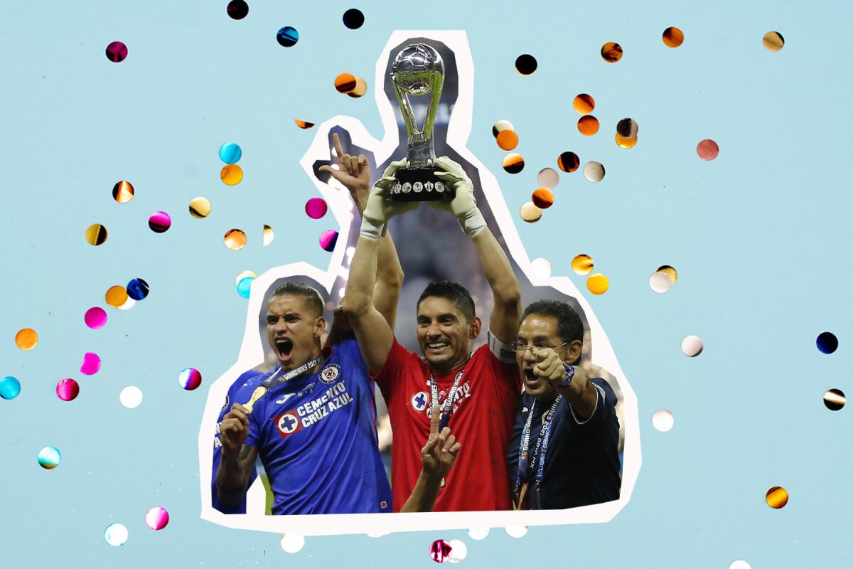 Cruz Azul's players celebrate with trophy, confetti in the background 