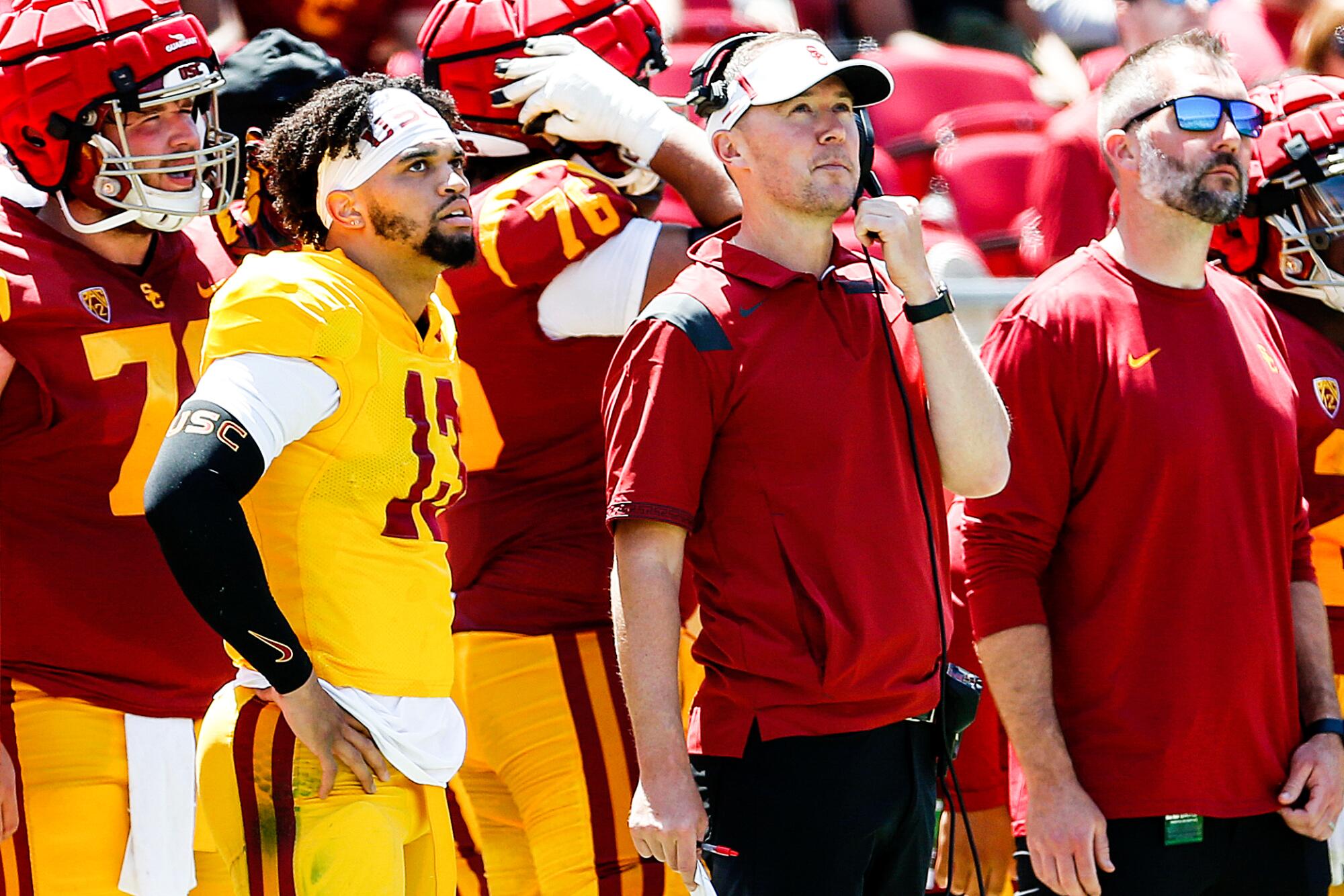 USC quarterback Caleb Williams stands next to coach Lincoln Riley during the Trojans' spring game. 