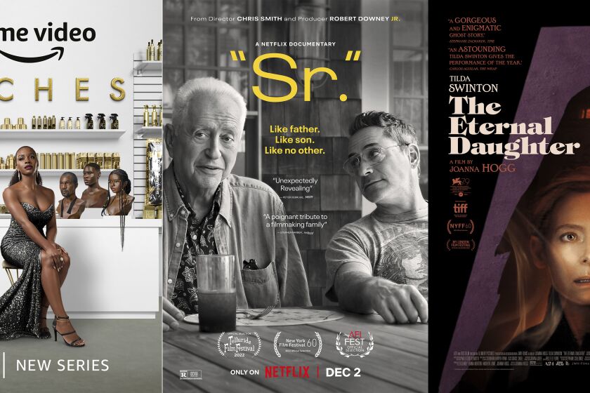 This combination of images shows promotional art for "Riches," a series premiering Dec. 2 on Amazon, left, and "Sr.," a documentary premiering on Netflix on Dec. 2, and "The Eternal Daughter," a film which opens in theaters and on video on demand Friday, Dec. 2. (Amazon via AP, left, and Netflix via AP)