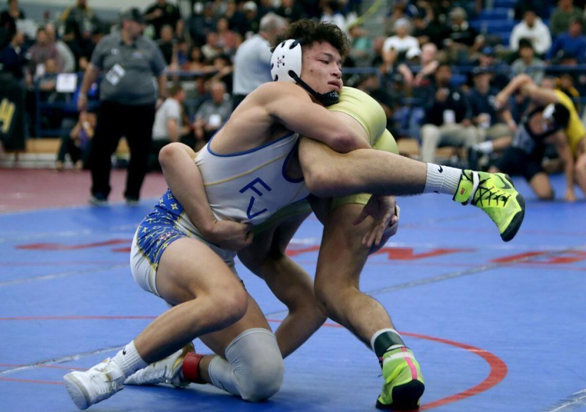 Fountain Valley wrestler Max Wilner wins the 160-pound championship match versus Louis Rojas of Bellflower St. John Bosco in the CIF Southern Section Masters Meet at Cerritos College in Norwalk on Feb. 16.