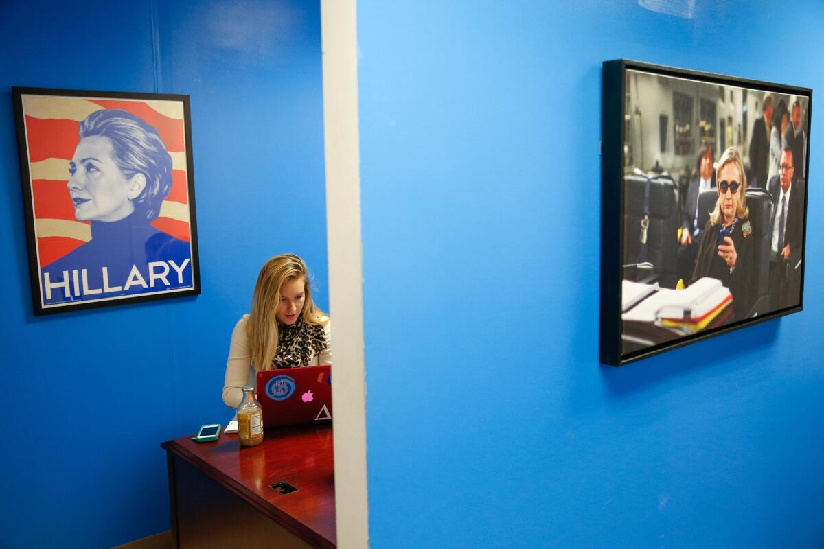 Intern Jessica Lis works at the Ready for Hillary super PAC offices in Arlington, Va. in April.