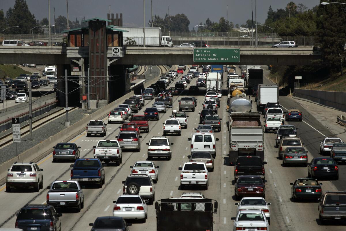 Eastbound traffic crawls on the 210 Freeway.