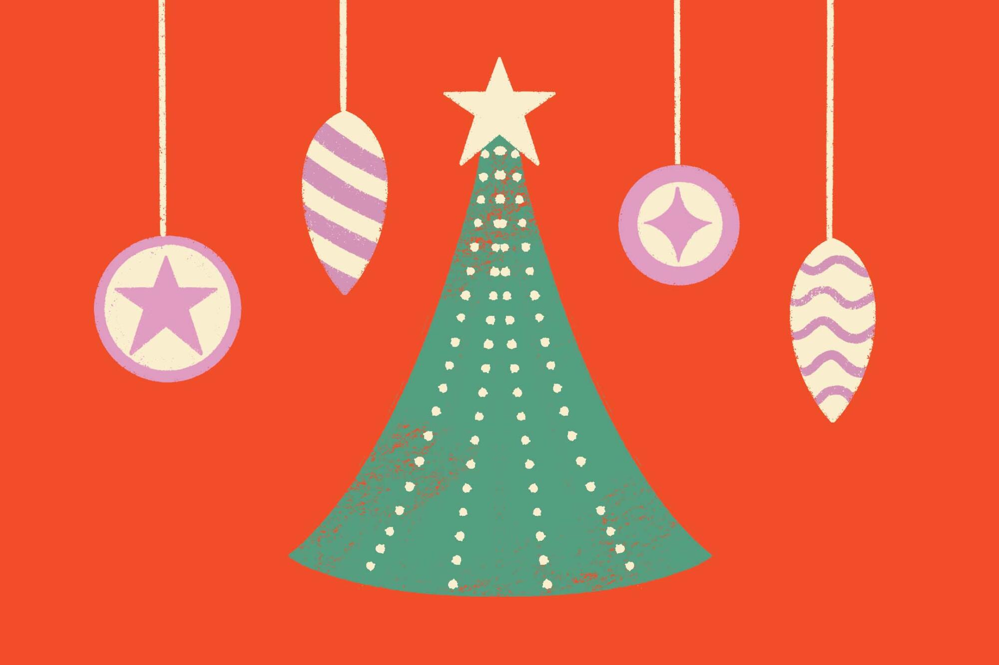 Illustration of a Christmas tree with ornaments hanging on either side