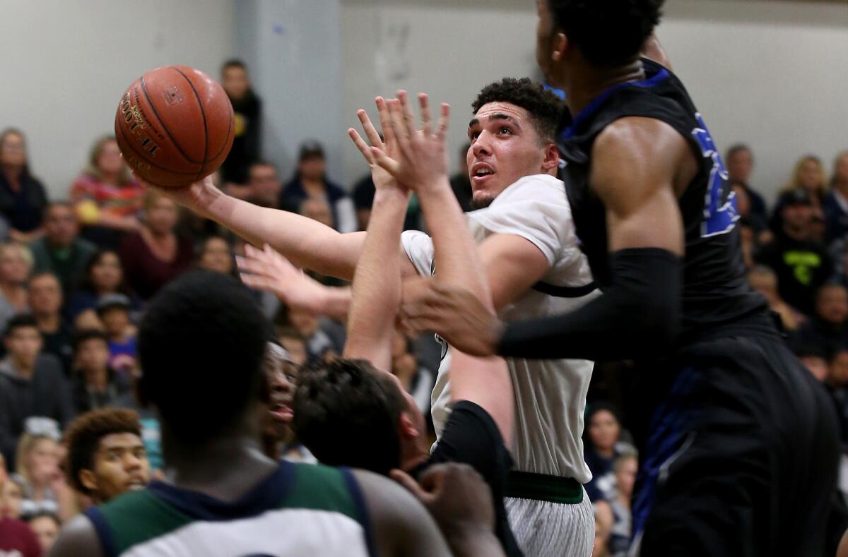 LiAngelo Ball looks to score against Immanuel during a regional playoff game on Friday at Chino Hills High.