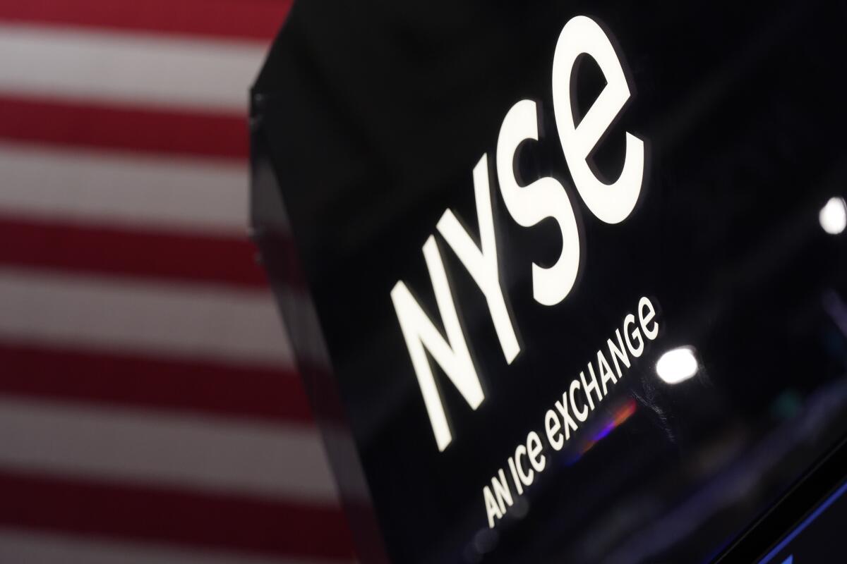 An NYSE sign is displayed at the New York Stock Exchange in New York.