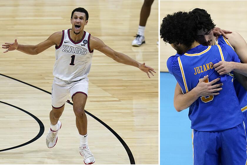 Gonzaga's Jalen Suggs celebrates after scoring a last-second shot in overtime vs. UCLA. At right, UCLA's Johnny Juzang and Jaime Jaquez Jr.