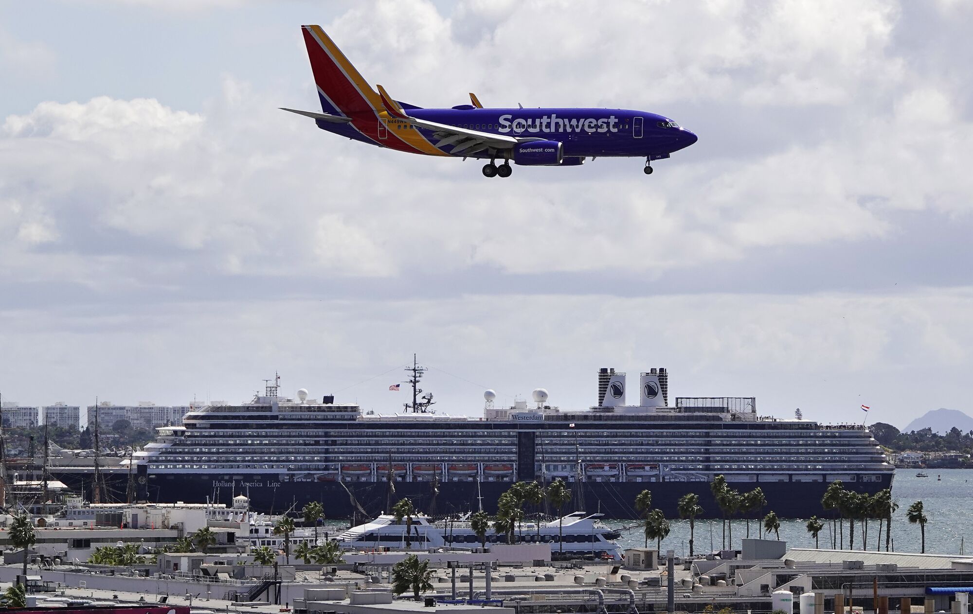 March 2020: A Southwest Airlines jet approaches San Diego International Airport.
