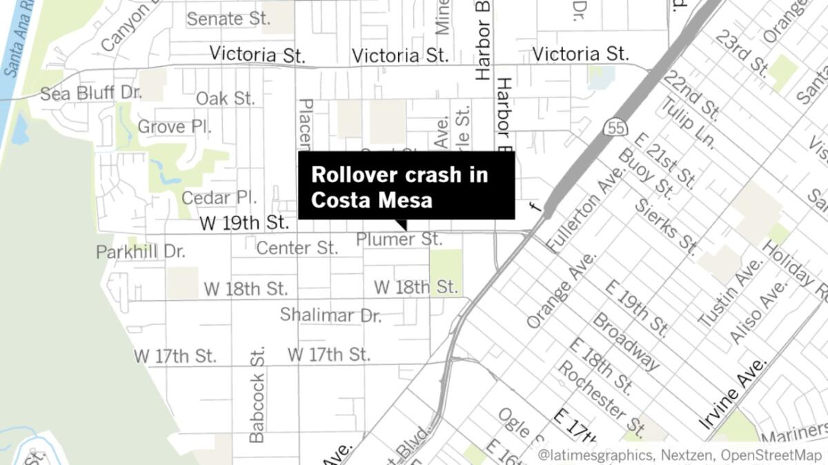 Two people were taken to trauma centers Monday afternoon after a three-car crash in Costa Mesa in which one of the vehicles rolled over at West 19th Street and Meyer Place, fire officials said.