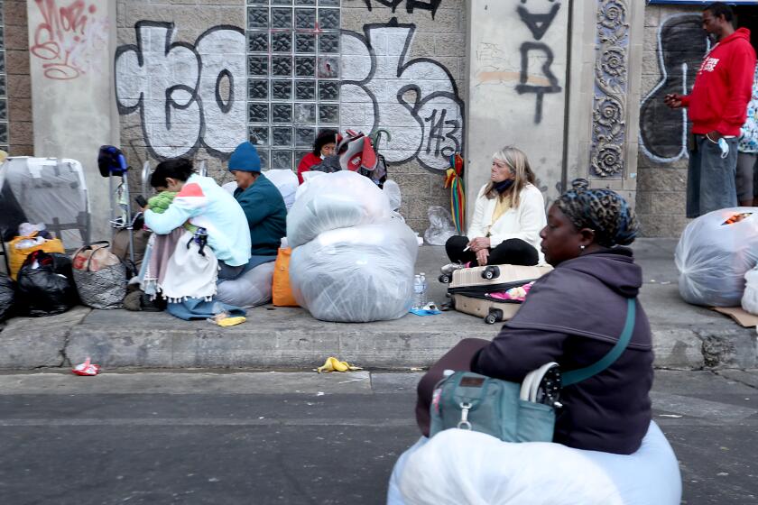 LOS ANGELES, CA - APRIL 21:. Entire blocks are packed with homeless encampments on skid row in downtown Los Angeles. (Luis Sinco / Los Angeles Times) LA homeless