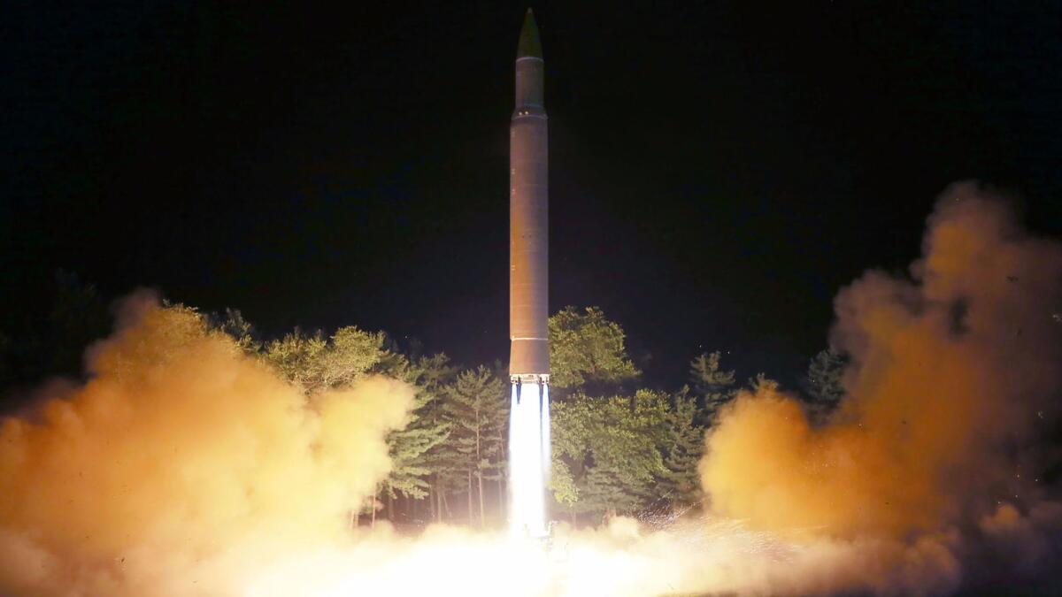 A picture released by North Korea's official news agency on July 29, 2017, shows North Korea's intercontinental ballistic missile Hwasong-14 being launched at an undisclosed place in North Korea.