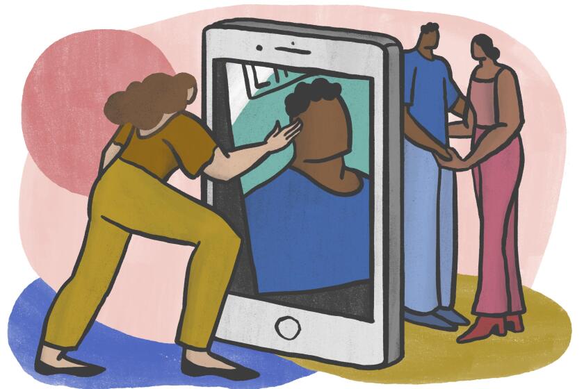 Illustration of the writer  swiping at a large tinder screen, with her former boyfriend behind his profile with another woman.