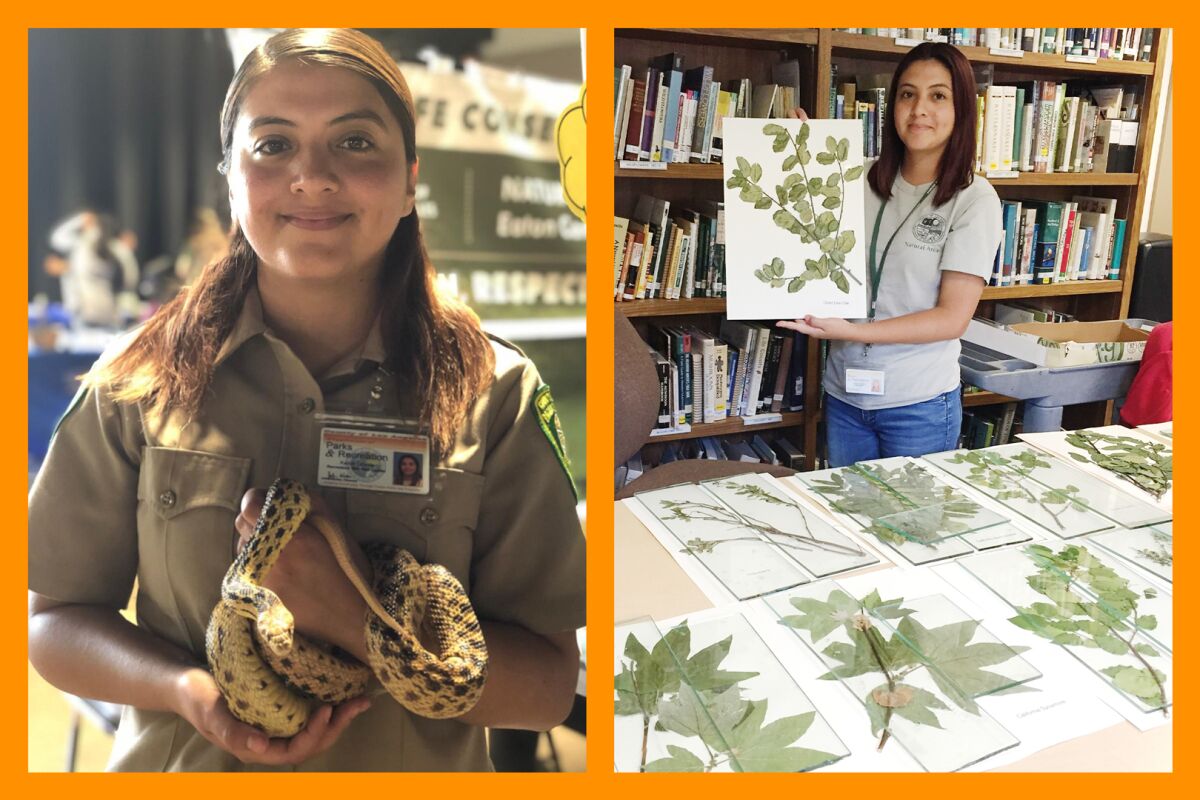 Kenia Estrella holds a snake in one photo and displays a leaf collection in another.