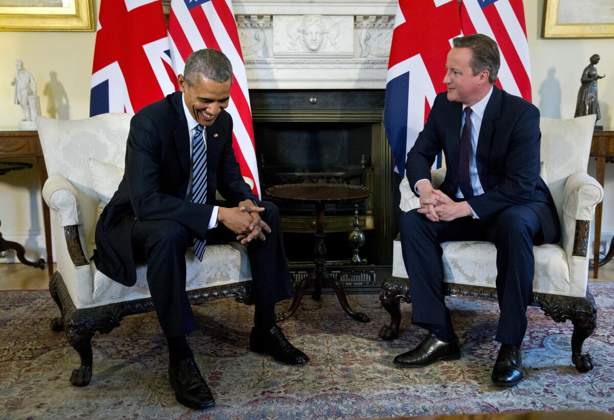 President Barack Obama meets with British Prime Minister David Cameron at 10 Downing Street, Cameron's official residence, in London on April 22, 2016. The president was on a six day trip to strategize with Saudi Arabia, England and Germany on a broad range of issues, including a focus on how to rein in Islamic State.