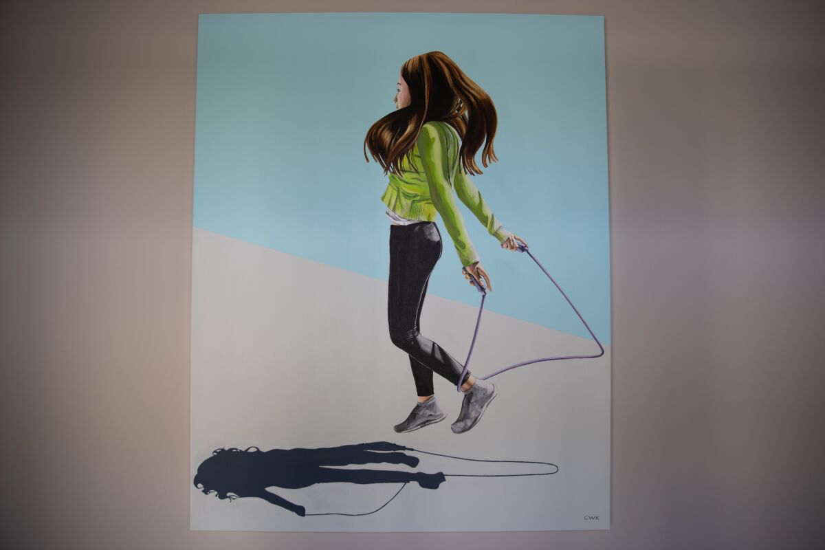 A painting titled "Jumping Bean" by artist Cecilia Wong Kaiser at her home in Rancho Santa Fe.