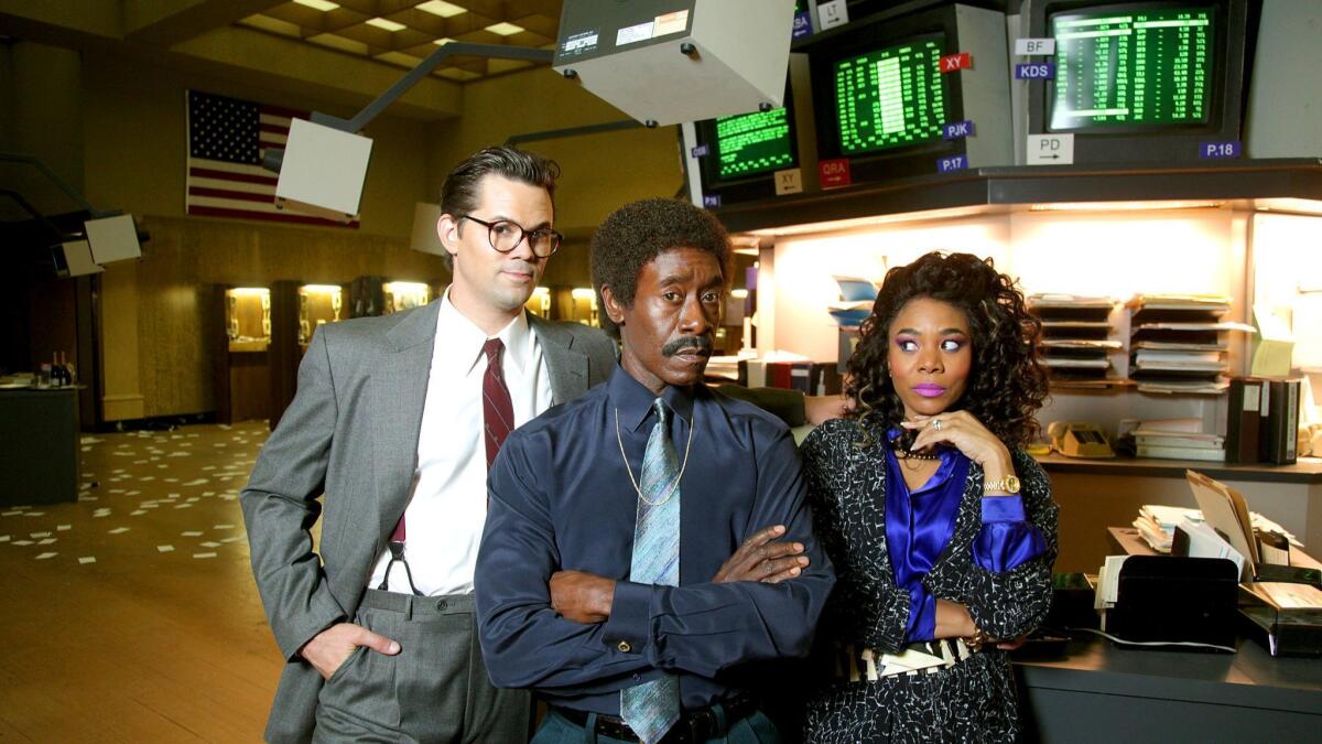 Showtime's "Black Monday" is set in the craziness of '80s Wall Street. Pictured: Andrew Rannells, Don Cheadle, Regina Hall.