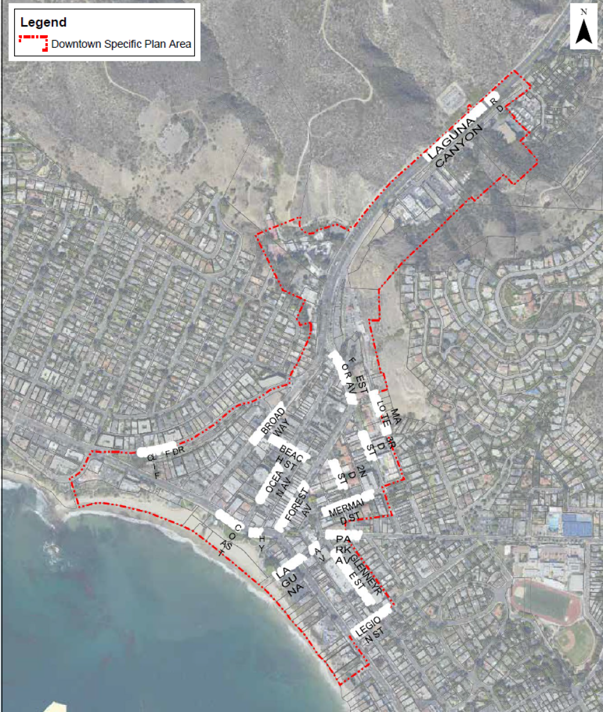 Outlined is the perimeter of what the Downtown Specific Plan impacts in Laguna Beach.