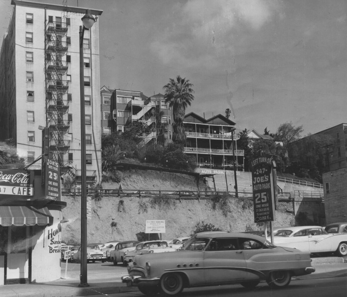 1950s: Cliffside hotels dot Bunker Hill. The city's Community Redevelopment Agency studied how to redevelop 135 acres of the Bunker Hill neighborhood "classified by local and federal authorities as a slum and substandard housing area," according to a Los Angeles Times report.