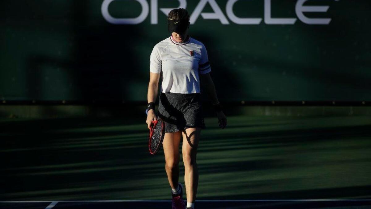 Eugenie Bouchard walks off the court after her loss to Bianca Andreescu at the Oracle Challenger Series in Newport Beach on Friday.