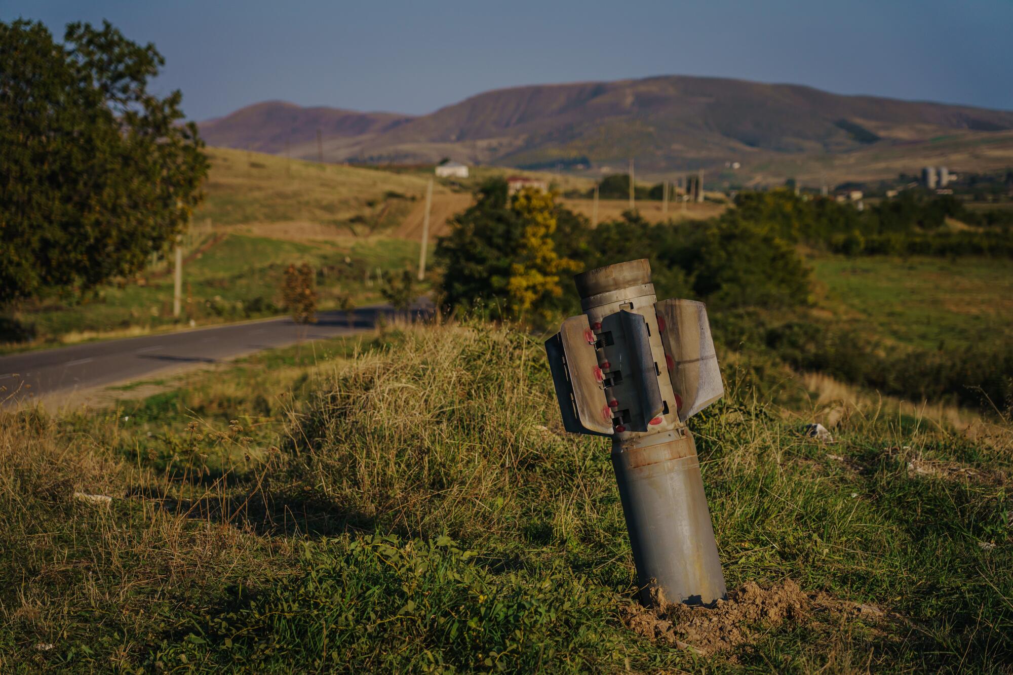 A large Azerbaijan missile hits the ground outside Martuni, Nagorno-Karabakh.