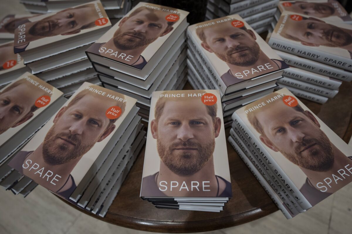 Copies of "Spare" by Prince Harry displayed at a London book store this week.