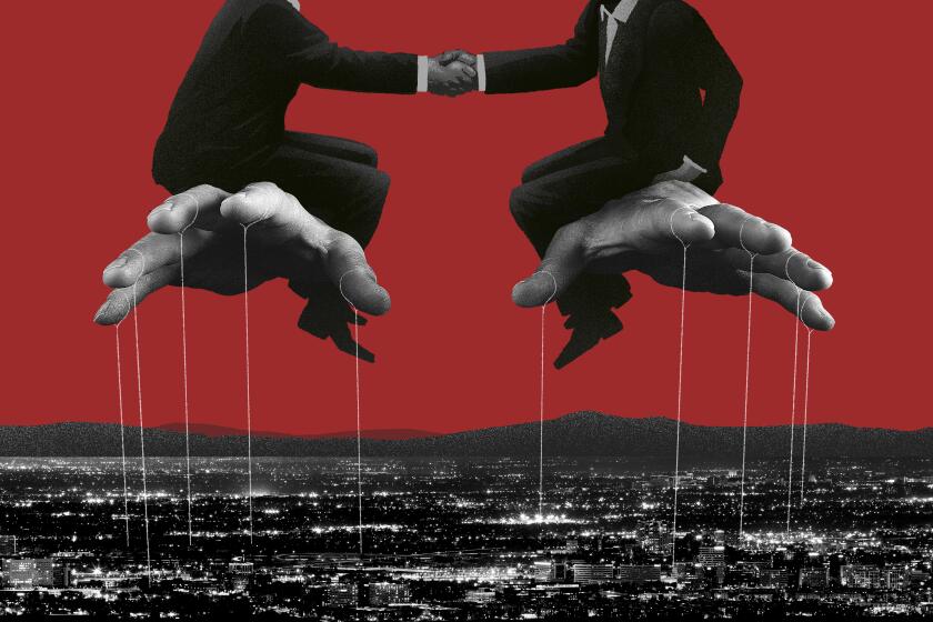 Illustration of two men in suits shaking hands while seated on giant hands pulling strings over Anaheim.