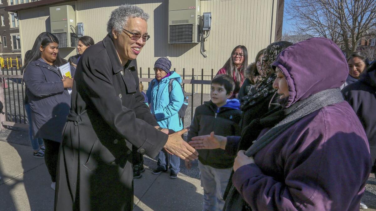 Chicago mayoral candidate Toni Preckwinkle campaigns in the Brighton Park neighborhood of Chicago on March 24.