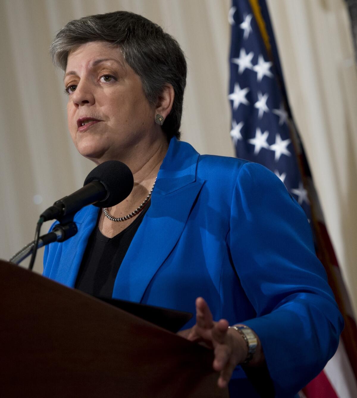 U.S. Secretary of Homeland Security Janet Napolitano gives her farewell speech at the National Press Club in Washington on Aug. 27, 2013. She begins her new job as president of the University of California system on Monday.