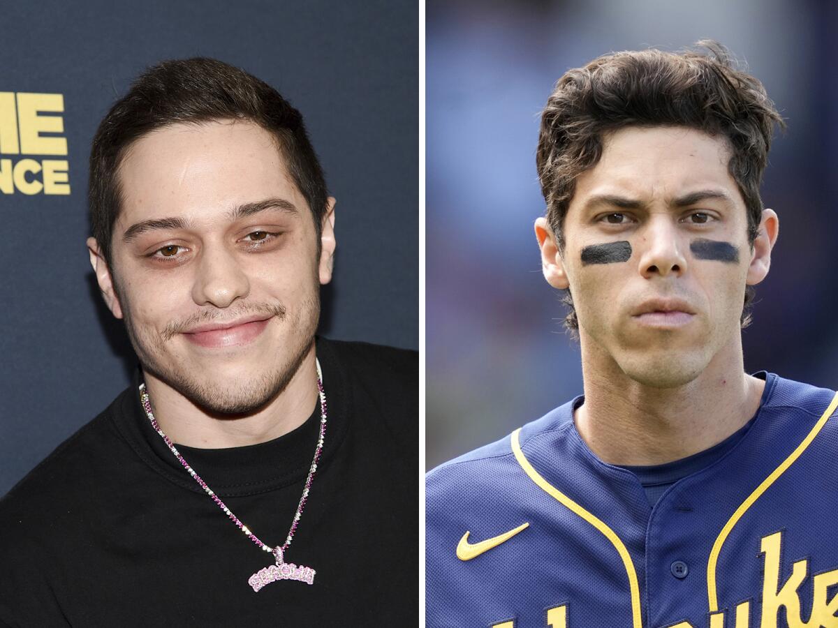 Solda komedyen Pete Davidson ve sağda Milwaukee Brewers'tan Christian Yelich.