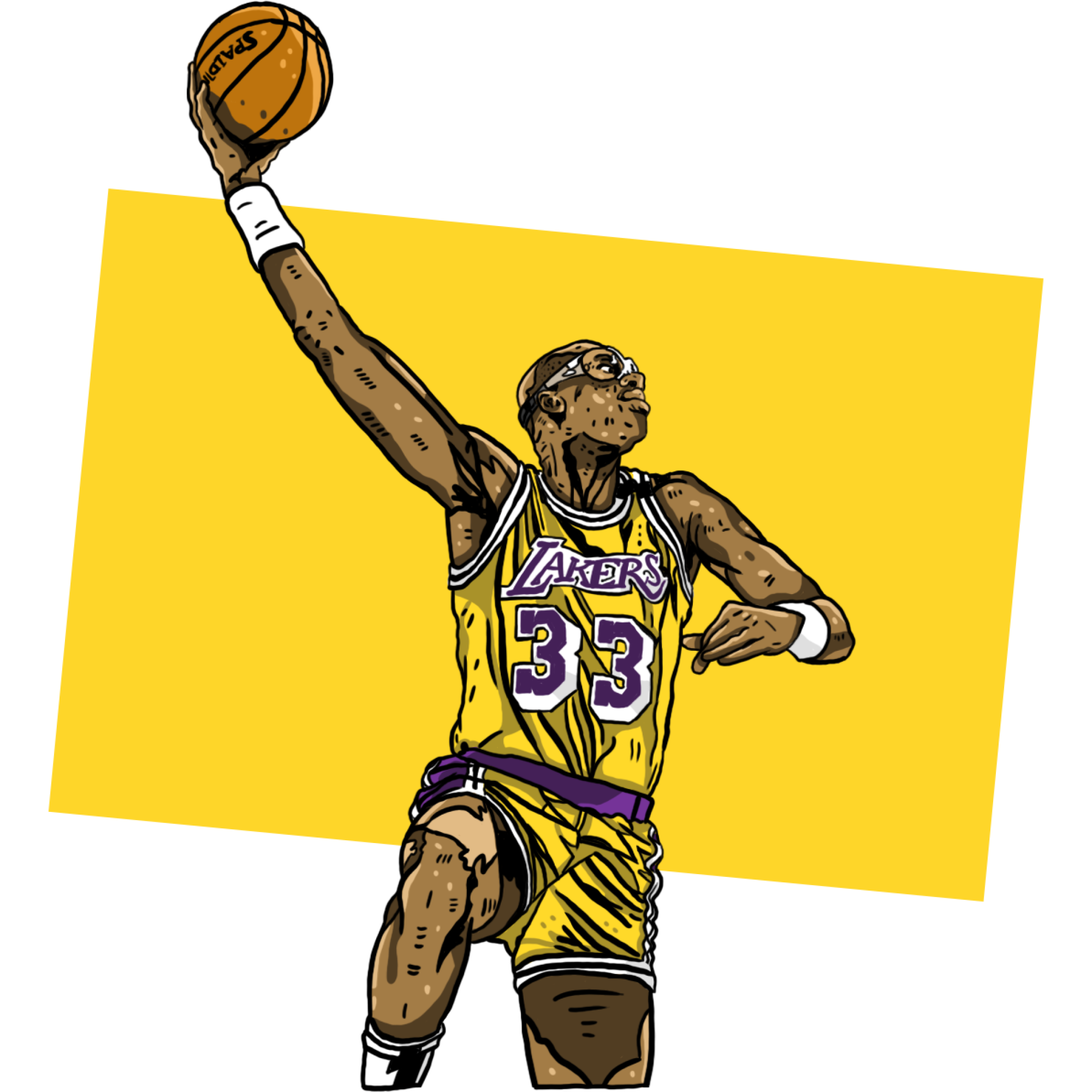 Illustration of Kareem Abdul-Jabbar in a yellow #33 jersey jumping and shooting a sky hook.