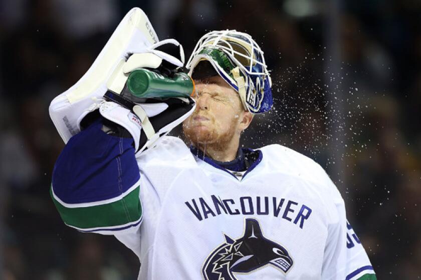 Goaltender Cory Schneider during a break in action in Game 4 of the Canucks' playoff series against the Sharks.