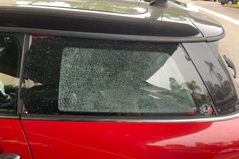The damage to the back window of Valentina Castilla's car after it was reportedly shot at on Gilman Drive in La Jolla.
